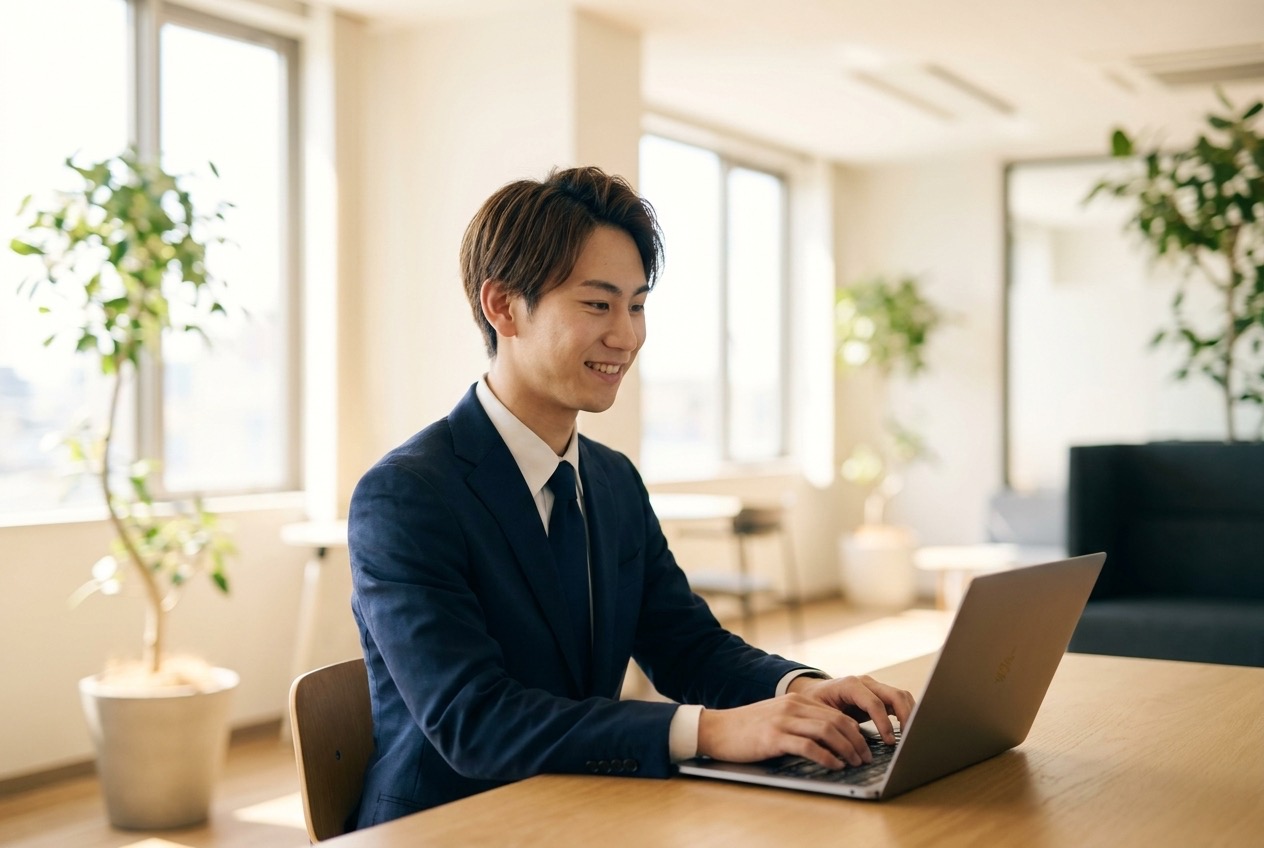 スーツ姿でノートPCを操作する Onsite Solution 代表 村上飛羽